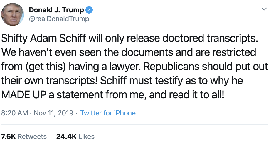 Screen-Shot-2019-11-11-at-9.23.04-AM Trump Just Accused Schiff Of A Federal Crime On Twitter Black Lives Matter Child Abuse Corruption Crime Domestic Policy Donald Trump Election 2016 Election 2020 Featured Feminism Immigration Impeachment Investigation Me Too Military National Security Politics Racism Refugees Russia Terrorism Top Stories Veterans War Women's Rights 