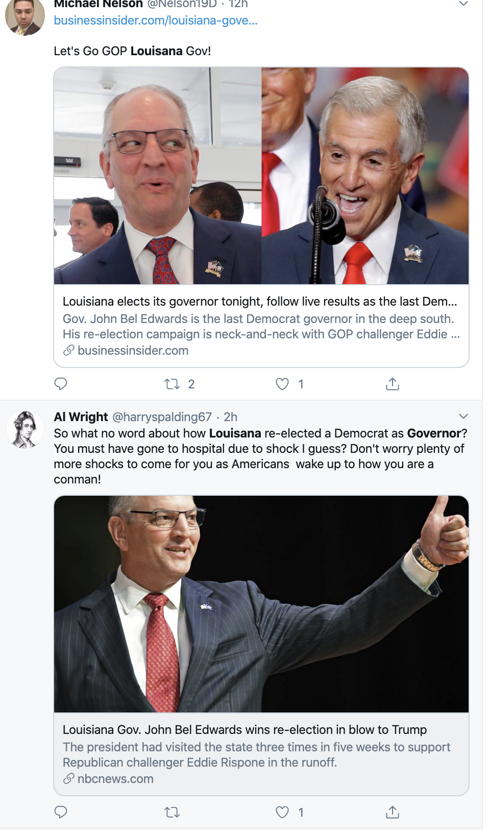 Screen-Shot-2019-11-17-at-8.16.12-AM Thousands Troll Trump Over Louisiana Governor Election Loss Domestic Policy Donald Trump Election 2018 Election 2020 Featured Politics Top Stories 