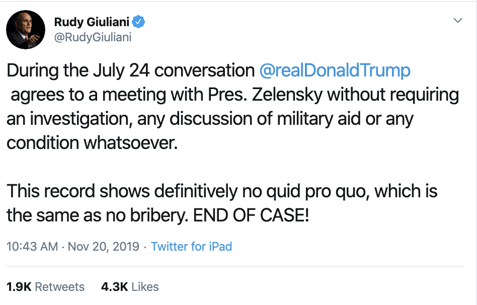 Screen-Shot-2019-11-20-at-11.07.15-AM Giuliani Panic Tweets During Sondland Impeachment Testimony Corruption Crime Featured Impeachment Top Stories 