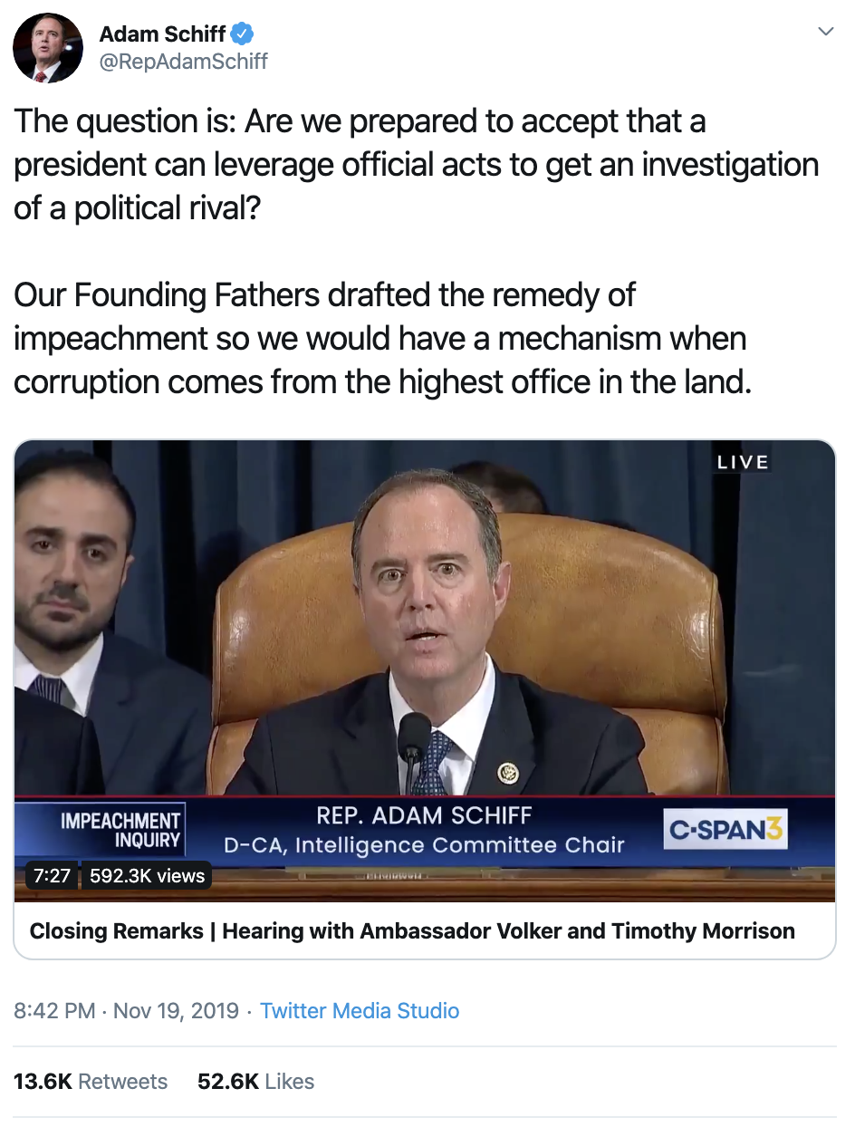 Screen-Shot-2019-11-20-at-8.05.01-AM Schiff Upstages Trump With Impeachment Evidence Edict To America Corruption Featured Impeachment Investigation Top Stories 