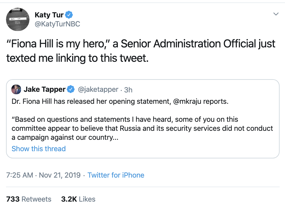 Screen-Shot-2019-11-21-at-10.26.06-AM Top Trump Official Texts NBC's Katy Tur: 'Fiona Hill Is My Hero' Corruption Feminism Me Too Top Stories Women's Rights 
