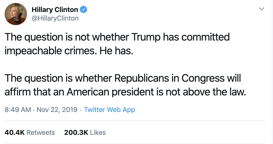 Screen-Shot-2019-11-24-at-8.27.11-AM Hillary Trolls Trump With Instantly Viral Weekend Twitter Take-Down Featured Hillary Clinton Impeachment Russia Top Stories 