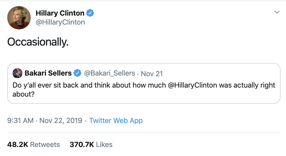 Screen-Shot-2019-11-24-at-8.28.47-AM Hillary Trolls Trump With Instantly Viral Weekend Twitter Take-Down Featured Hillary Clinton Impeachment Russia Top Stories 