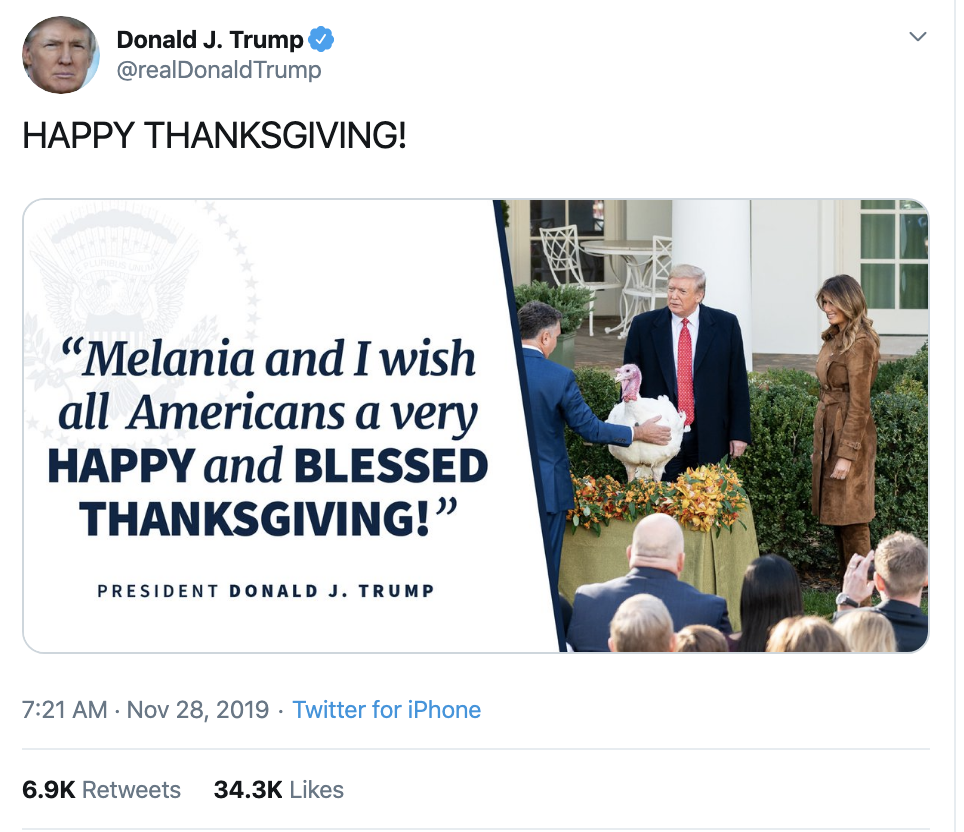 Screen-Shot-2019-11-28-at-8.12.28-AM Trump Tweets Phony Thanksgiving Message & Is Instantly Rejected Corruption Election 2020 Featured Impeachment Politics Top Stories 
