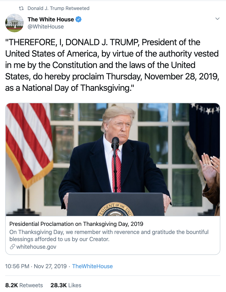 Screen-Shot-2019-11-28-at-8.17.02-AM Trump Tweets Phony Thanksgiving Message & Is Instantly Rejected Corruption Election 2020 Featured Impeachment Politics Top Stories 