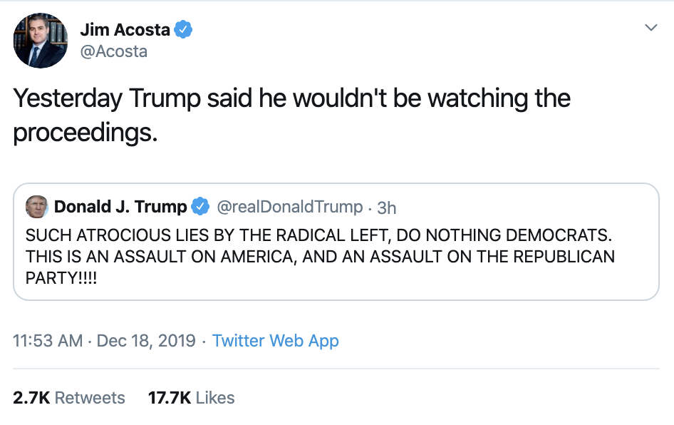 Screen-Shot-2019-12-18-at-3.04.18-PM Jim Acosta Defiantly Trolls Trump On Impeachment Day Featured Impeachment Media Social Media Top Stories 