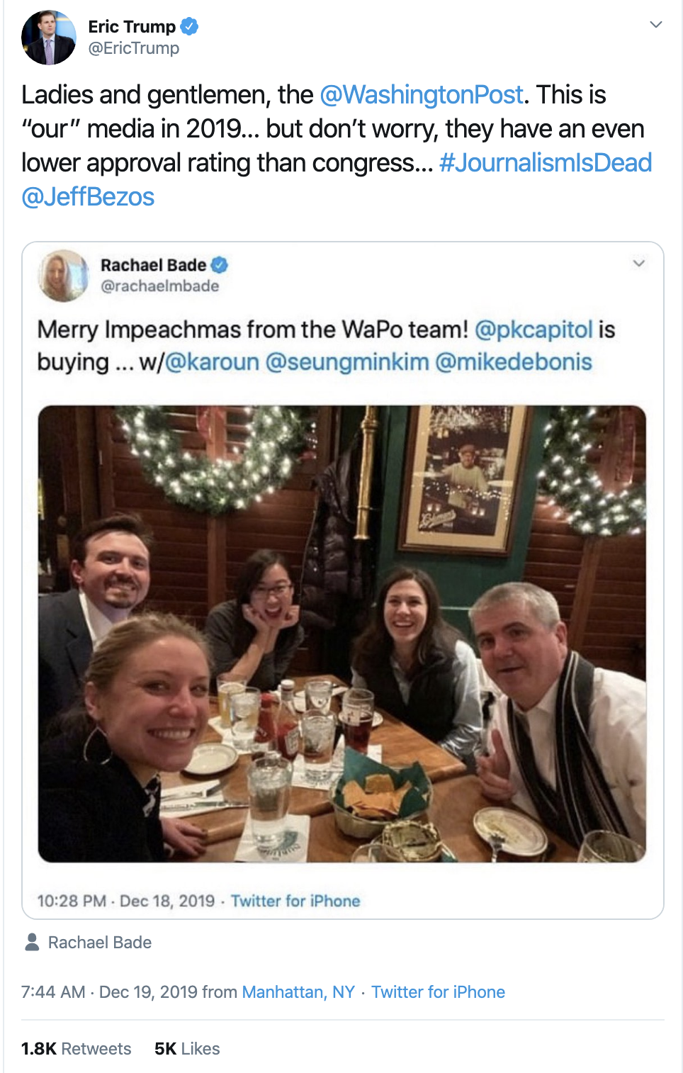 Screen-Shot-2019-12-19-at-11.07.33-AM Trump Tantrums Over Reporter's 'Merry Impeachment' Tweet Featured Media Politics Social Media Top Stories 
