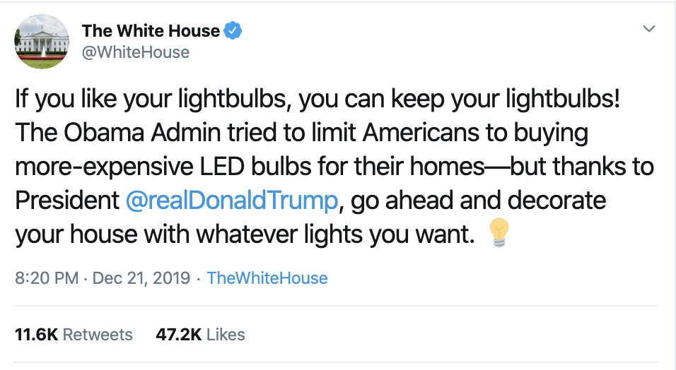 Screen-Shot-2019-12-22-at-10.25.22-AM White House Twitter Posts Sunday Obama Light Bulb Conspiracy Domestic Policy Economy Environment Featured Politics Top Stories 