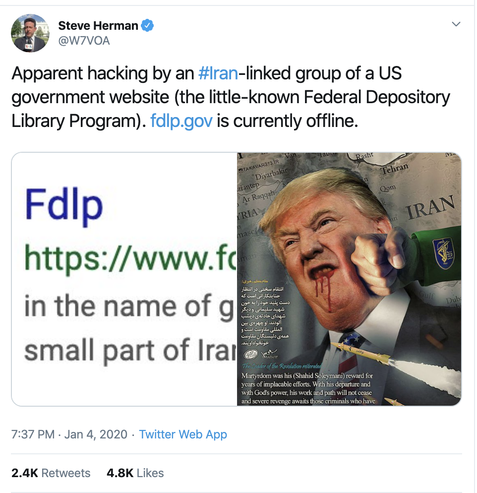 Screen-Shot-2020-01-05-at-8.16.26-AM Iran-Based Hackers Embarrass Trump With Weekend Cyber Attack Donald Trump Featured Military Politics Top Stories War 