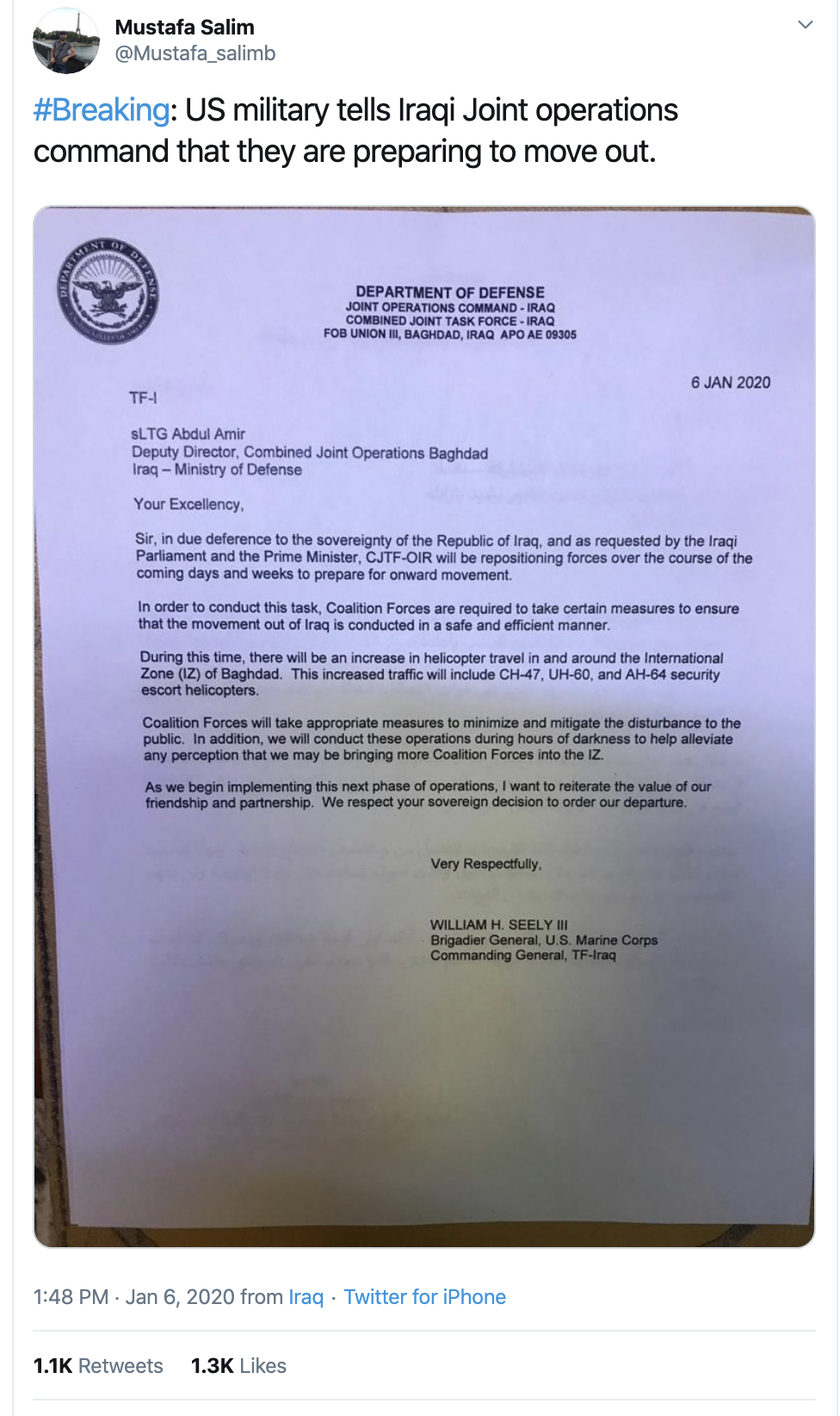 Screen-Shot-2020-01-06-at-3.45.40-PM Dept. Of Defense Letter Reveals Troops Moving In Iraq Featured Military Politics Top Stories War 