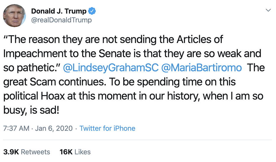 Screen-Shot-2020-01-06-at-7.49.31-AM Trump Throws Monday AM Twitter Tantrum To Distract The World Donald Trump Featured Impeachment Politics Top Stories 