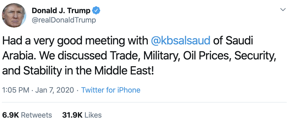Screen-Shot-2020-01-07-at-1.42.23-PM Trump Tweets Tuesday Saudi Arabia Announcement Distraction Featured Military Politics Top Stories War 