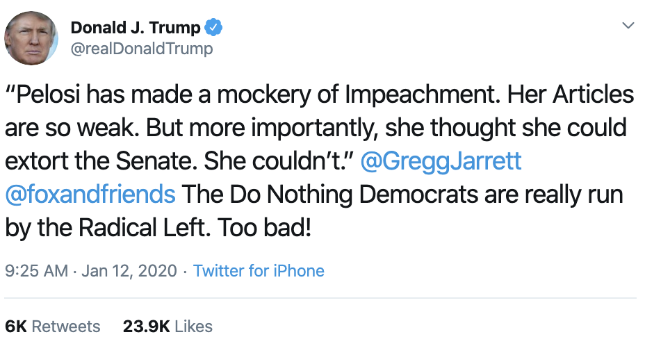 Screen-Shot-2020-01-12-at-10.25.04-AM Trump Finishes Watching Sunday TV & Has Pelosi Induced Freakout Corruption Featured Impeachment Top Stories Women's Rights 