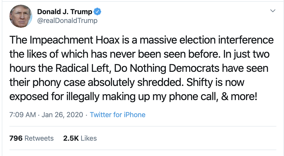 Screen-Shot-2020-01-26-at-7.11.56-AM Trump Blatantly Threatens Schiff During Sunday Morning Mental Breakdown Election 2020 Featured Impeachment Politics Top Stories 