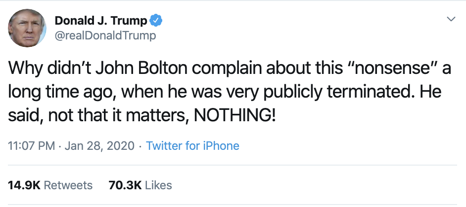 Screen-Shot-2020-01-29-at-8.13.36-AM Trump Just Attacked Witness John Bolton On Twitter Corruption Crime Featured Impeachment Top Stories 