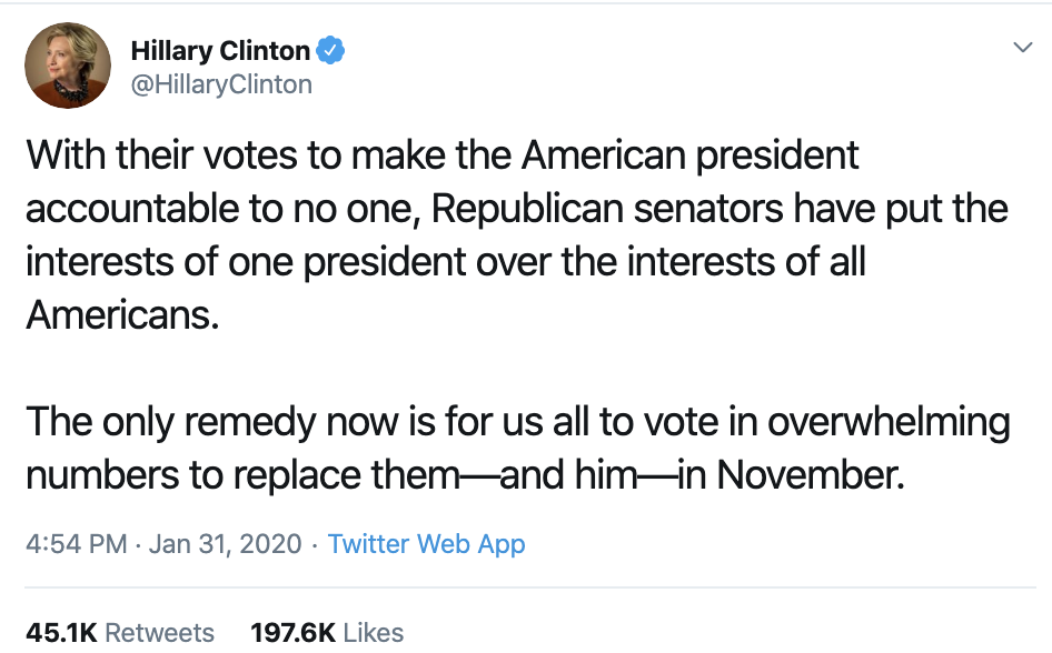 Screen-Shot-2020-02-02-at-9.32.22-AM Hillary Shows Up Trump With Twitter Message To America Corruption Election 2020 Featured Politics Top Stories 