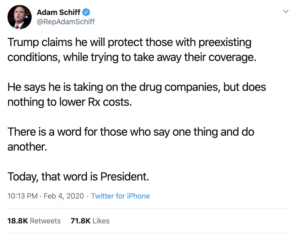 Screen-Shot-2020-02-05-at-8.58.25-AM Schiff Upstages Trump During SOTU With Snarky Twitter Trolling Featured Impeachment Politics Top Stories Twitter 