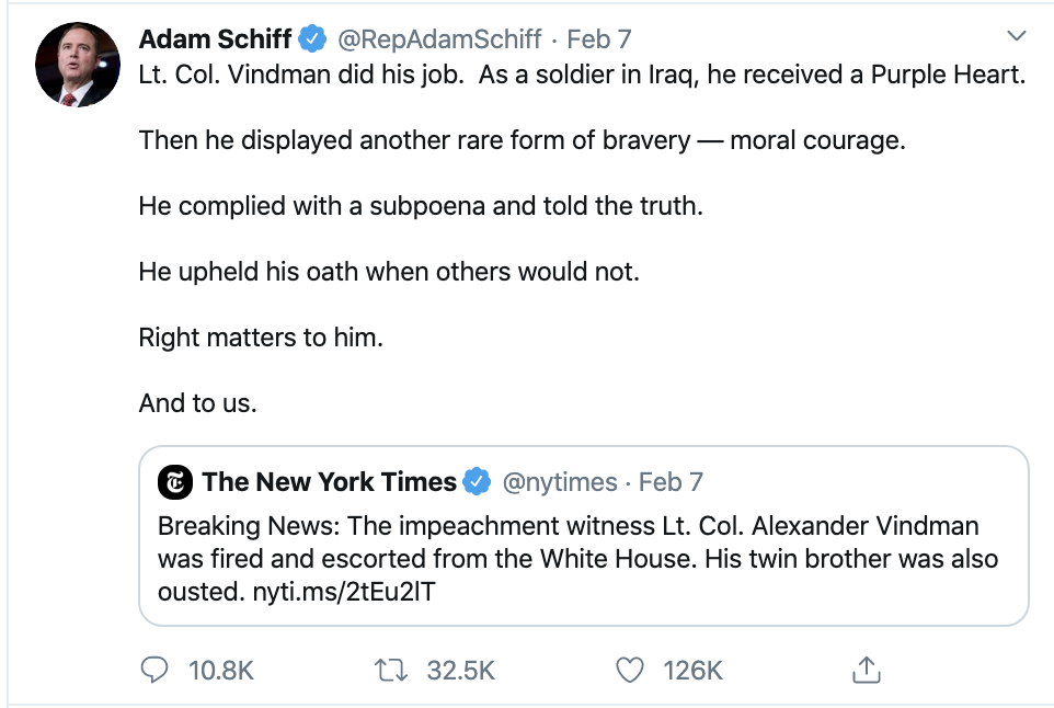 Screen-Shot-2020-02-09-at-10.30.44-AM Schiff Shames Trump Over Col Vindman With Weekend Twitter Take-Down Corruption Crime Featured Politics Top Stories 