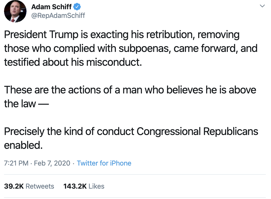 Screen-Shot-2020-02-09-at-10.31.04-AM Schiff Shames Trump Over Col Vindman With Weekend Twitter Take-Down Corruption Crime Featured Politics Top Stories 