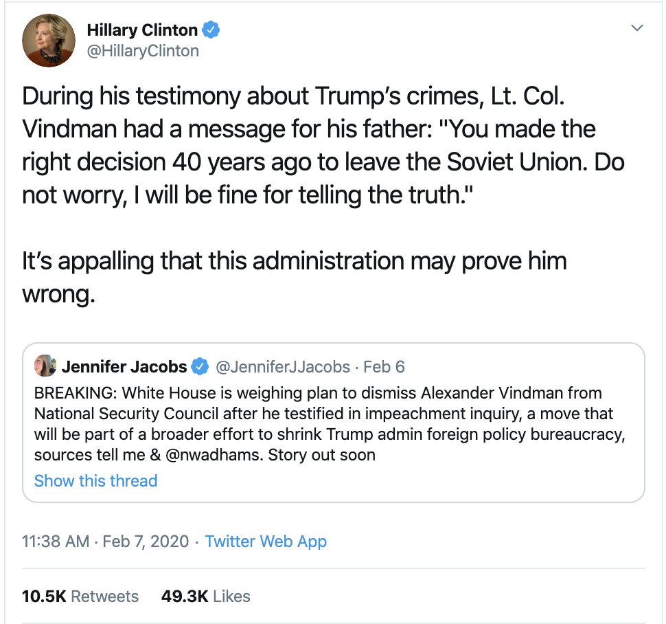 Screen-Shot-2020-02-09-at-9.26.54-AM Hillary Trolls Trump Over Col. Vindman & Goes Viral In Seconds Corruption Donald Trump Featured Politics Top Stories 