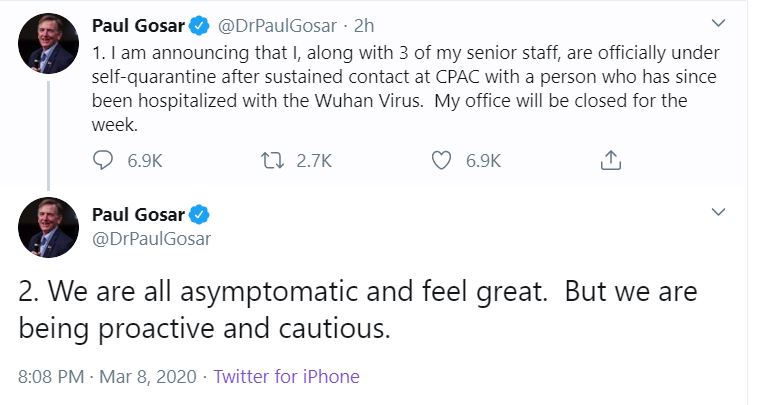 Gosar Racist Senator Announces He Was Exposed To Coronavirus Featured Top Stories Twitter 