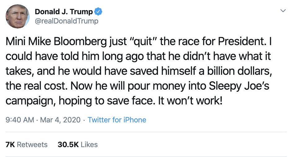 Screen-Shot-2020-03-04-at-10.07.58-AM Bloomberg Terrifies Trump With Post Drop Out Announcement Trolling Corruption Election 2020 Featured Politics Top Stories 