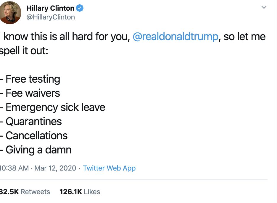 Screen-Shot-2020-03-12-at-11.54.24-AM Hillary Slam Dunks On Trump In Mid-Morning Tweet Featured Healthcare Hillary Clinton Politics Top Stories 