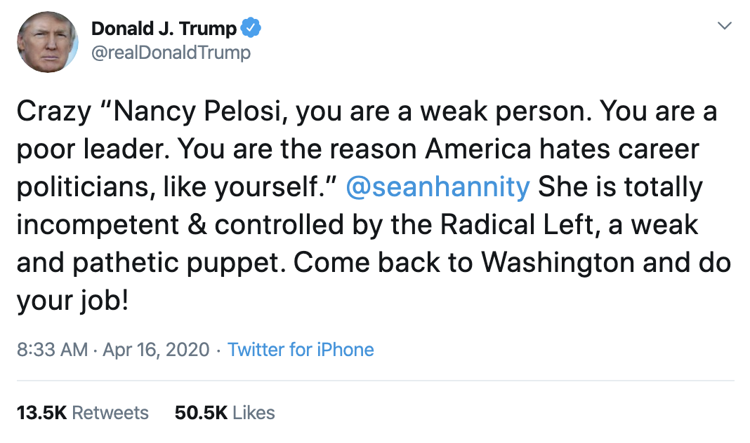 Screen-Shot-2020-04-16-at-9.07.18-AM Trump Goes For Pelosi's Jugular On Twitter Donald Trump Election 2020 Featured Politics Top Stories 