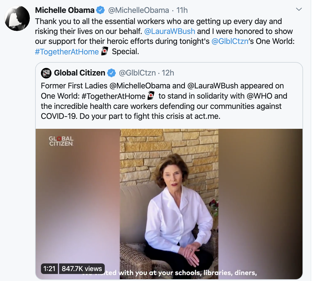 Screen-Shot-2020-04-19-at-9.06.26-AM Laura Bush & Michelle Obama Show Up Melania With Corona Response To America Featured Healthcare Politics Top Stories Women's Rights 