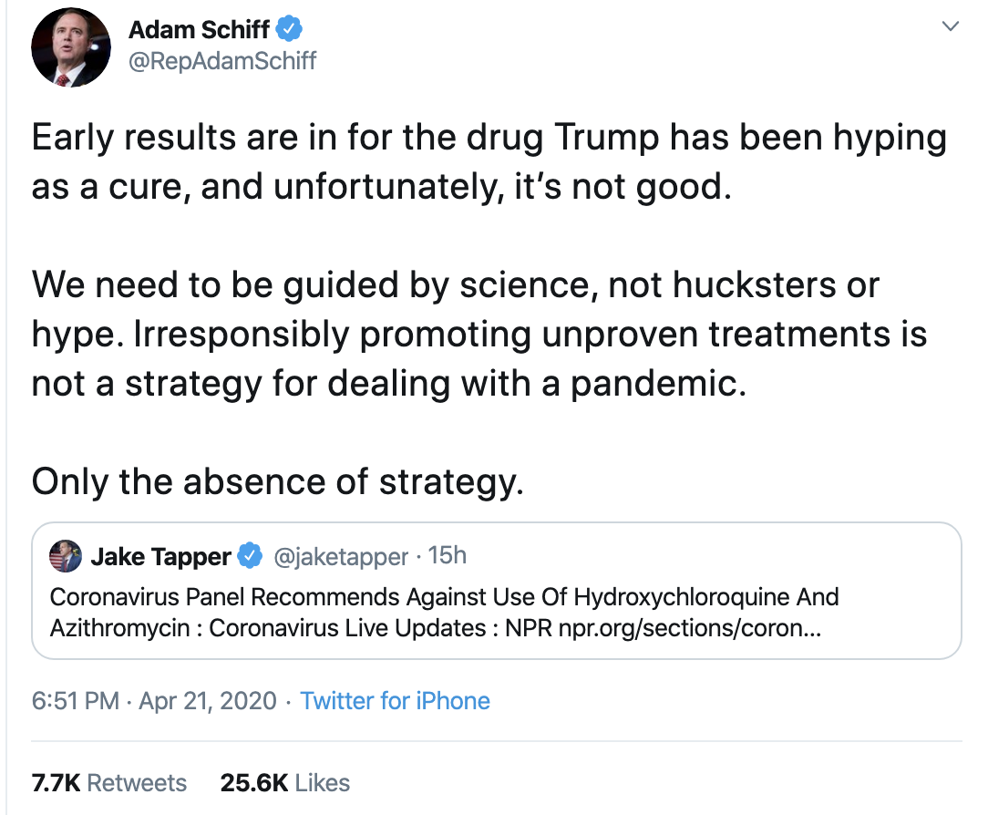 Screen-Shot-2020-04-22-at-7.56.52-AM Adam Schiff Publicly Shames Trump Over Hydroxychloroquine Scam Donald Trump Featured Healthcare Politics Top Stories 