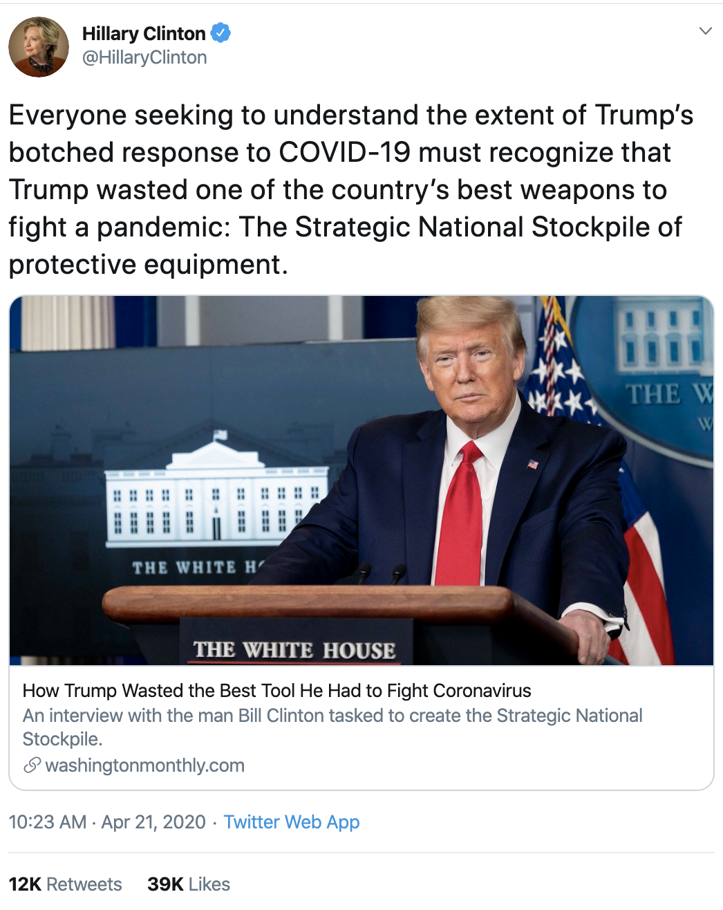 Screen-Shot-2020-04-22-at-8.33.01-AM Clinton Trolls Trump Over "Botched" Pandemic Response & Goes Viral Fast Featured Feminism Healthcare Top Stories Women's Rights 