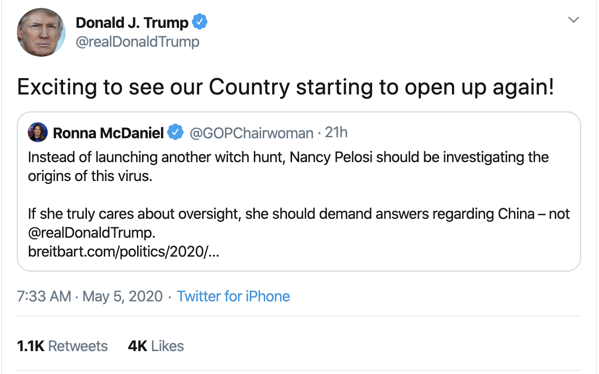 Screen-Shot-2020-05-05-at-7.38.52-AM Excited Trump Tweets About Early Reopen & Gets Bashed Coronavirus Election 2020 Featured Politics Top Stories 