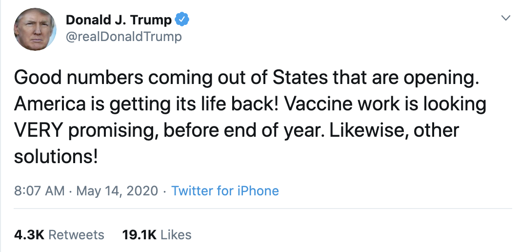 Screen-Shot-2020-05-14-at-8.25.56-AM Trump Touts Unreliable Vaccine Tests On Twitter Coronavirus Featured Politics Top Stories Women's Rights 
