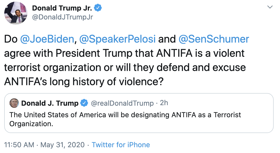 Screen-Shot-2020-05-31-at-1.58.40-PM Trump Jr. Embarrasses Himself With Sunday ANTIFA Message Black Lives Matter Corruption Featured Protest Top Stories 