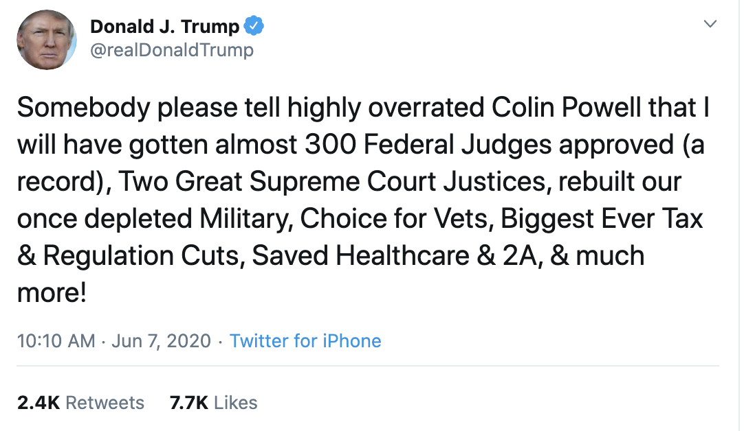 Screen-Shot-2020-06-07-at-10.14.21-AM Trump Snaps At 'Overrated' Colin Powell During 2nd Mid-Morning Freakout Election 2020 Featured Military Politics Top Stories 