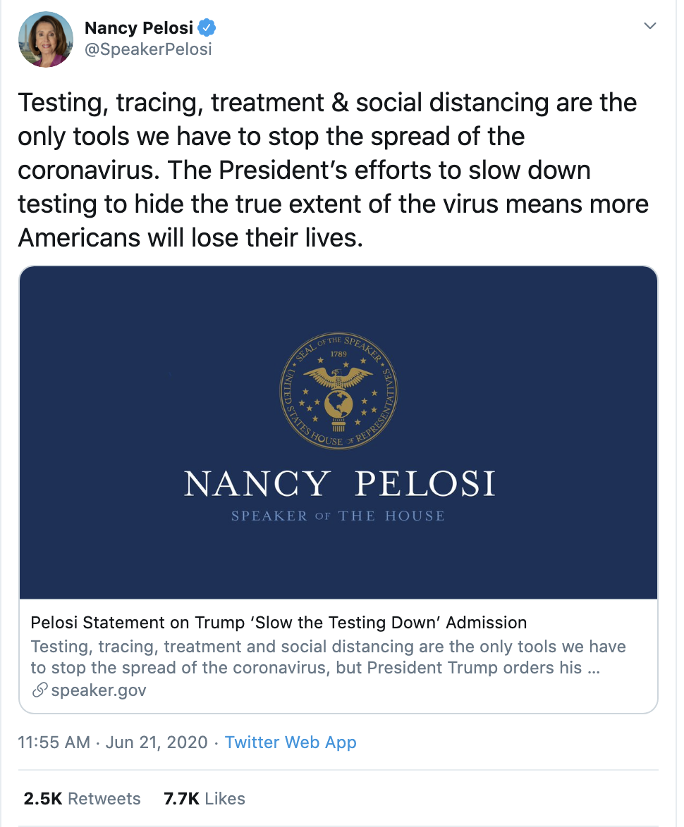 Screen-Shot-2020-06-21-at-2.38.13-PM Pelosi Serves Up Sunday Logic To Trump's 'Slow the Testing Down' Insanity Coronavirus Corruption Featured Politics Top Stories 