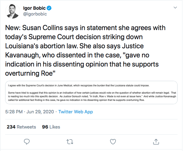 Screen-Shot-2020-06-29-at-5.59.09-PM Susan Collins Gives Phony Surprise Statement Over Kavanaugh Betrayal Abortion Election 2020 Featured Politics Top Stories 
