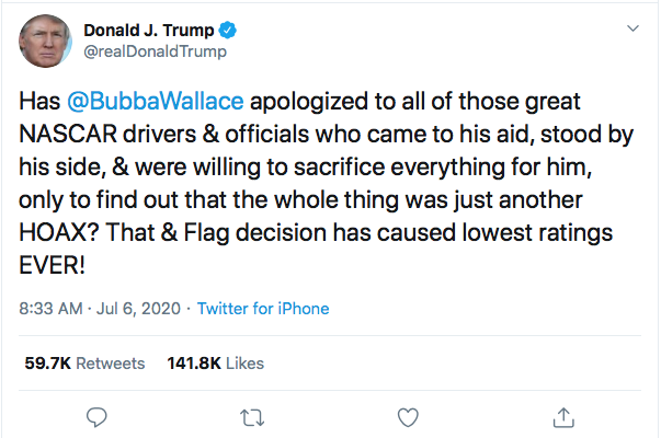 Screen-Shot-2020-07-07-at-1.22.40-AM NASCAR’s Bubba Wallace Gets Lucrative Sponsorship After Trump Racism Donald Trump Featured Politics Racism Top Stories Twitter 