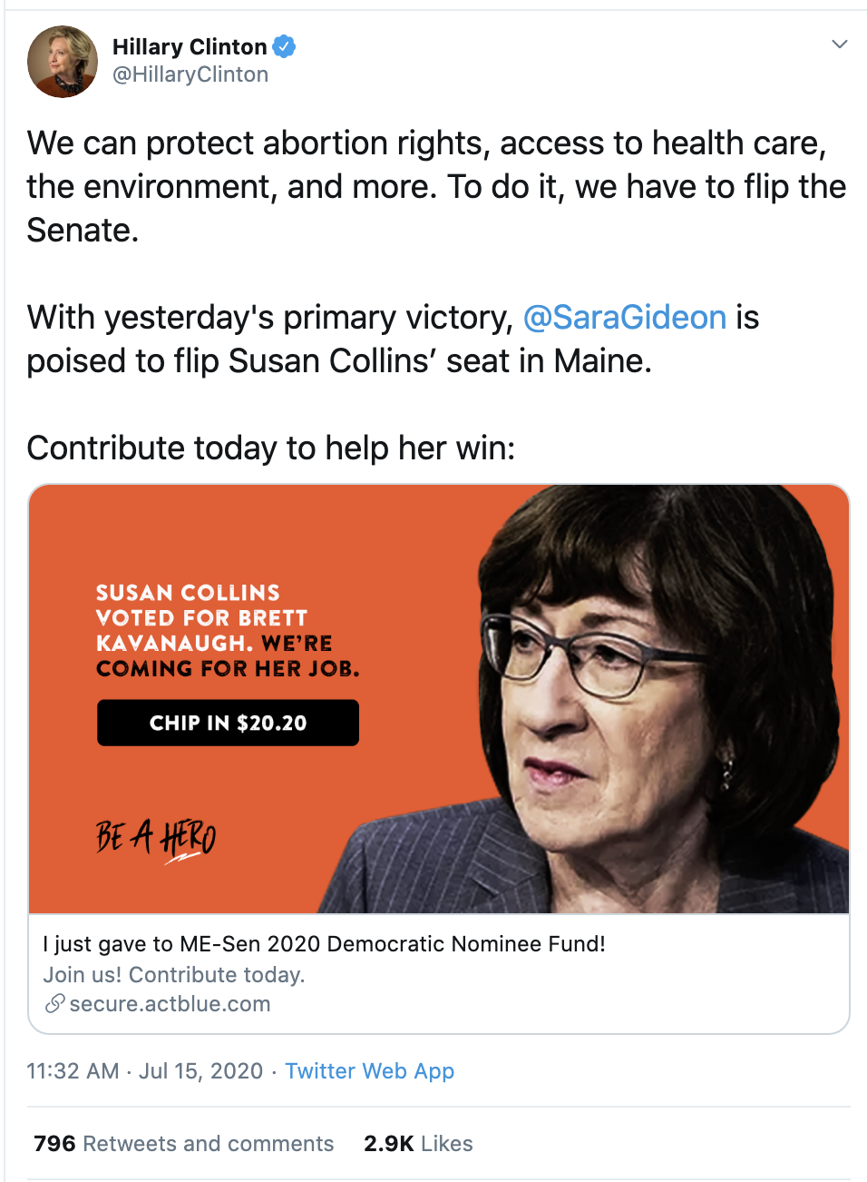 Screen-Shot-2020-07-15-at-12.15.11-PM Hillary Trolls Susan Collins During Wednesday Message To Voters Abortion Election 2020 Featured Politics Top Stories 