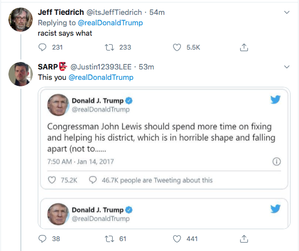 Screen-Shot-2020-07-18-at-3.04.38-PM Trump Finally Tweets John Lewis Message But Gets Roasted In Seconds Donald Trump Election 2020 Featured Politics Racism Top Stories Twitter 