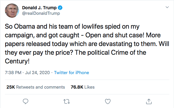 Screen-Shot-2020-07-24-at-8.54.26-PM Trump Calls Obama 'Lowlife' During Jealous Weekend Meltdown Conspiracy Theory Donald Trump Election 2020 Featured Politics Top Stories Twitter 