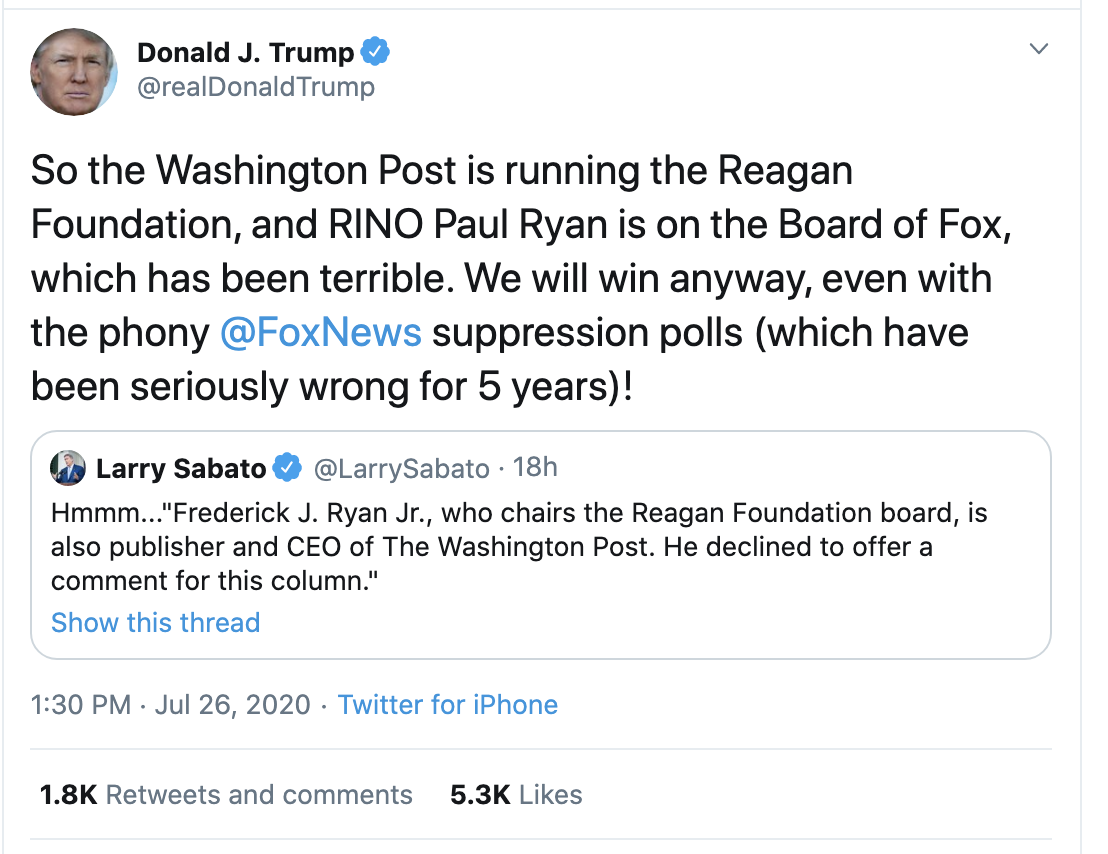 Screen-Shot-2020-07-26-at-1.38.02-PM Trump Declares Conspiracy Between Fox, Paul Ryan, & Reagan During Sunday Meltdown Election 2020 Featured Media Politics Top Stories 