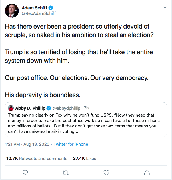 Screen-Shot-2020-08-13-at-3.39.58-PM Schiff Check-Mates Trump Over USPS Sabotage Attempt Donald Trump Election 2020 Featured Politics Top Stories Twitter 