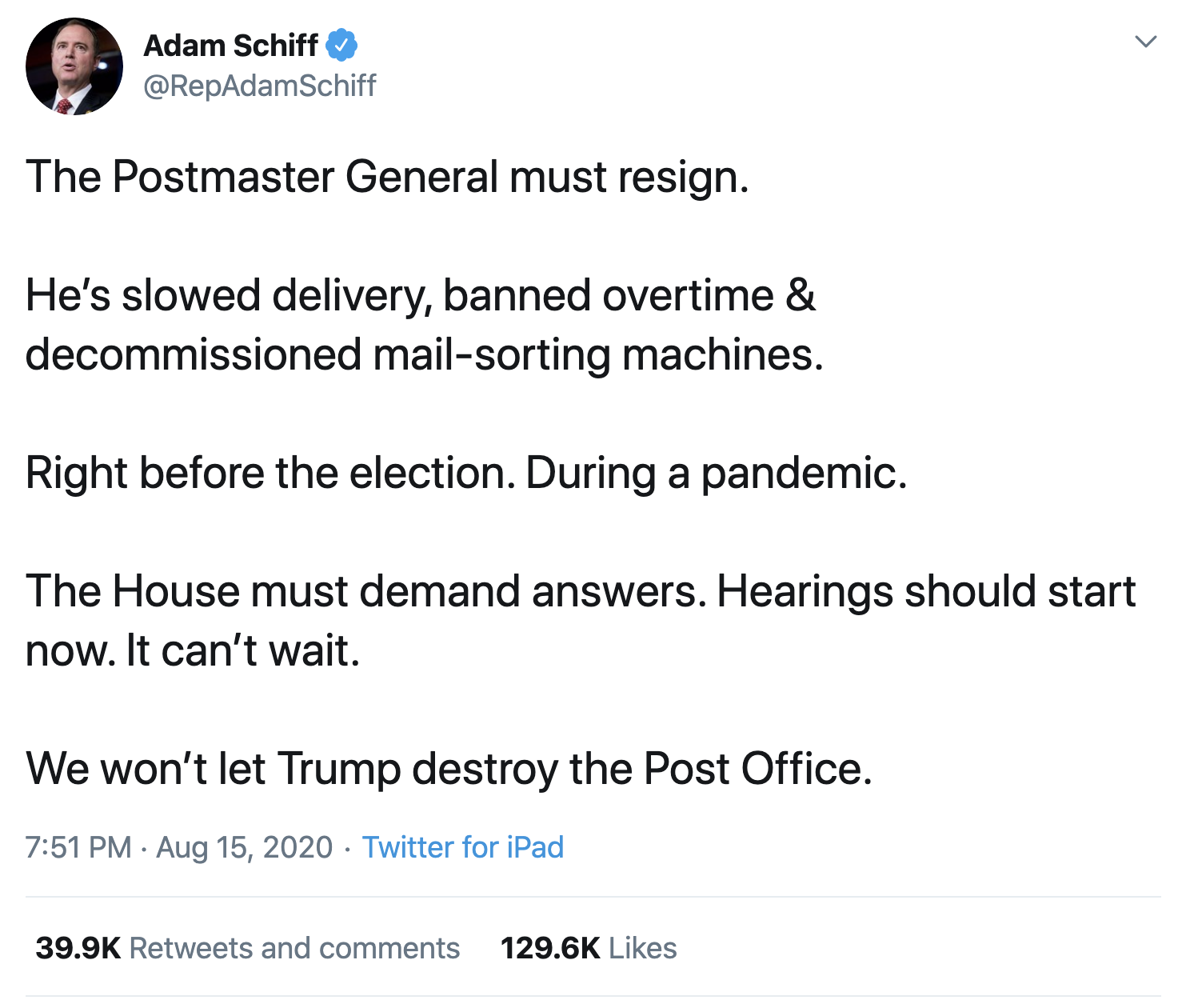 Screen-Shot-2020-08-16-at-9.44.34-AM Adam Schiff Declares Hearings Over USPS & Postmaster Resignation Corruption Featured National Security Politics Top Stories 