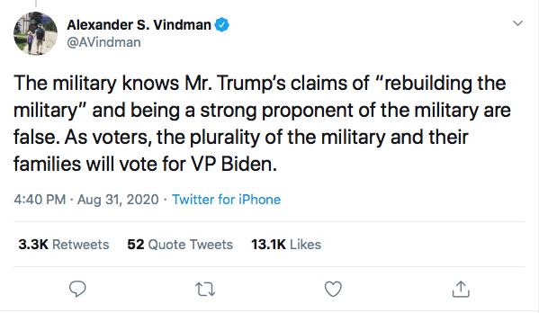 Screen-Shot-2020-08-31-at-9.21.59-PM Alexander Vindman Trolls Trump Over Poll Showing Military Members Loving Biden Donald Trump Election 2020 Featured Military Politics Top Stories 