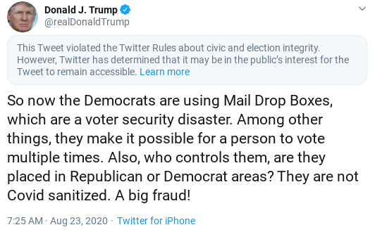 Screenshot-2020-08-23-at-1.24.53-PM Twitter Punishes Trump After Morning 'Drop Box' Conspiracy Tweet Donald Trump Election 2020 Politics Social Media Top Stories 