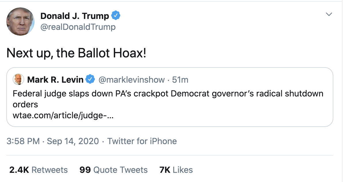 Screen-Shot-2020-09-14-at-4.10.58-PM Trump Tweets Desperate Evening Attempt To Invalidate Mail Votes Election 2020 Politics Polls Top Stories 