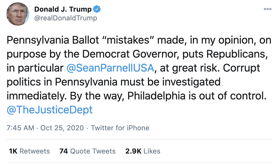 Screen-Shot-2020-10-25-at-7.48.45-AM Trump Charges Pennsylvania Governor With Voter Fraud During Sunday Meltdown Election 2020 Featured Military Politics Top Stories 