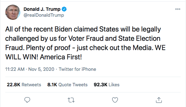 Screen-Shot-2020-11-05-at-11.32.22-AM Trump Snaps Like An Escaped Mental Patient During Vote Fraud Freak-Out Donald Trump Election 2020 Featured Politics Top Stories Twitter 