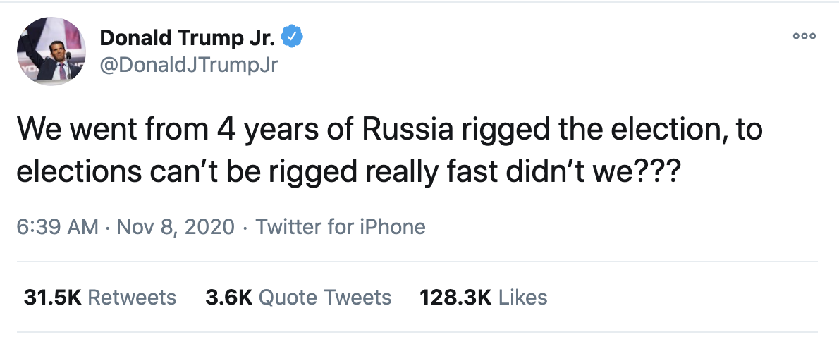 Screen-Shot-2020-11-08-at-9.30.24-AM Eric & Don Jr Live Tweet Their Weekend Mental Breakdowns Corruption Election 2020 Featured Top Stories 